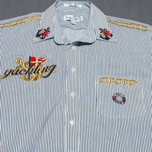 Marquis Mens 16.5 Large L Striped Nautical Embroidery LS Button Up Shirt Coastal